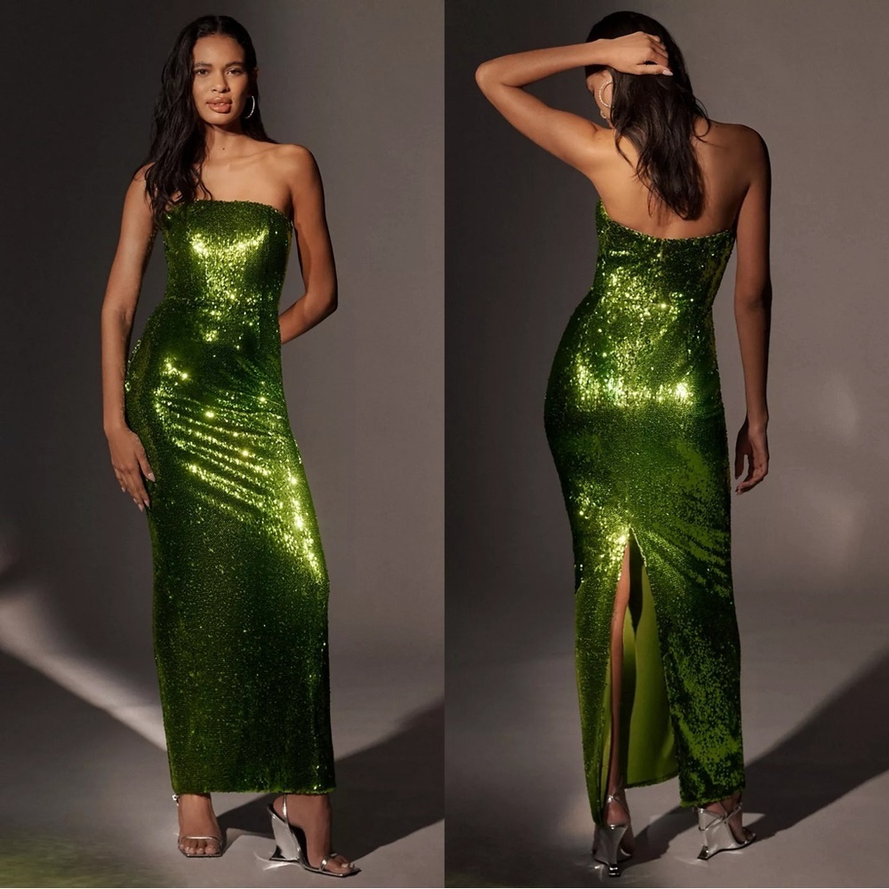 Helsi Sequin Strapless Column Dress Olive Green
